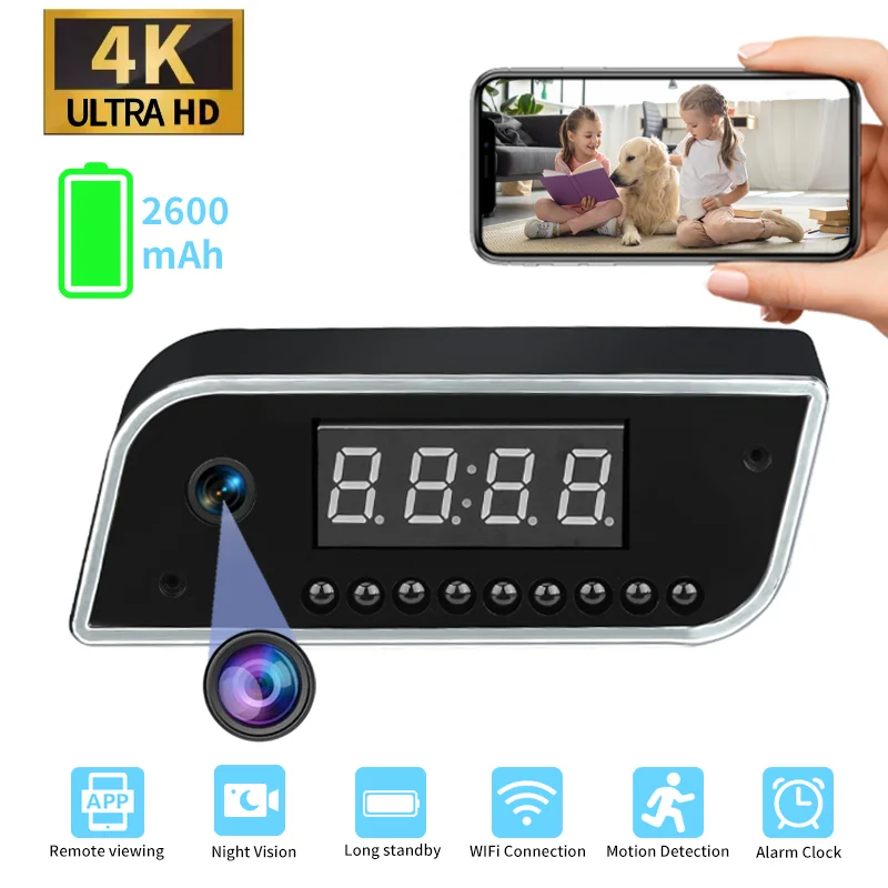 

4K Ultra HD Clock Mini Camera with 2600mAh Battery WiFi6 Wireless Night Vision Nanny Cam Home Security Surveillance Baby Monitor