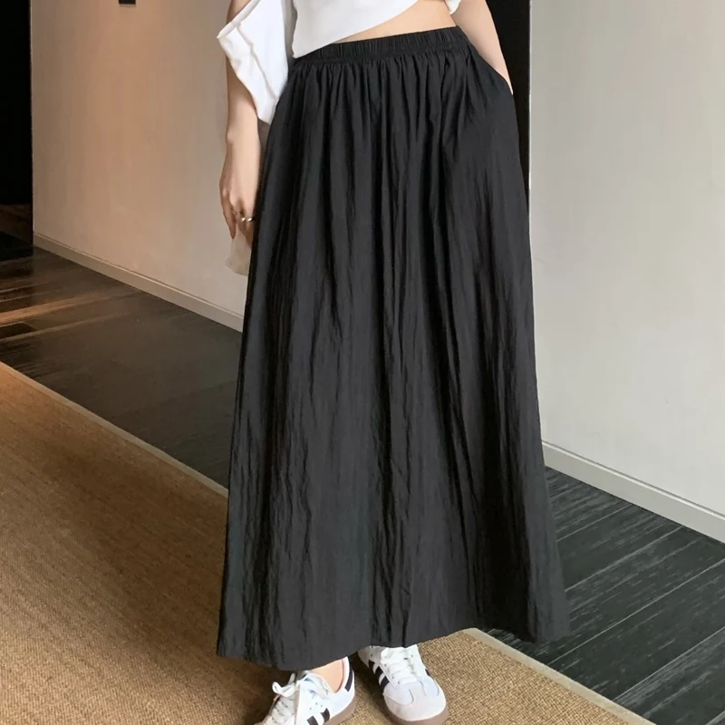 Summer New Solid Color Fashion Elastic Waist A-line Skirt Women High Street Casual Pockets Patchwork High Waist Odzież Damska