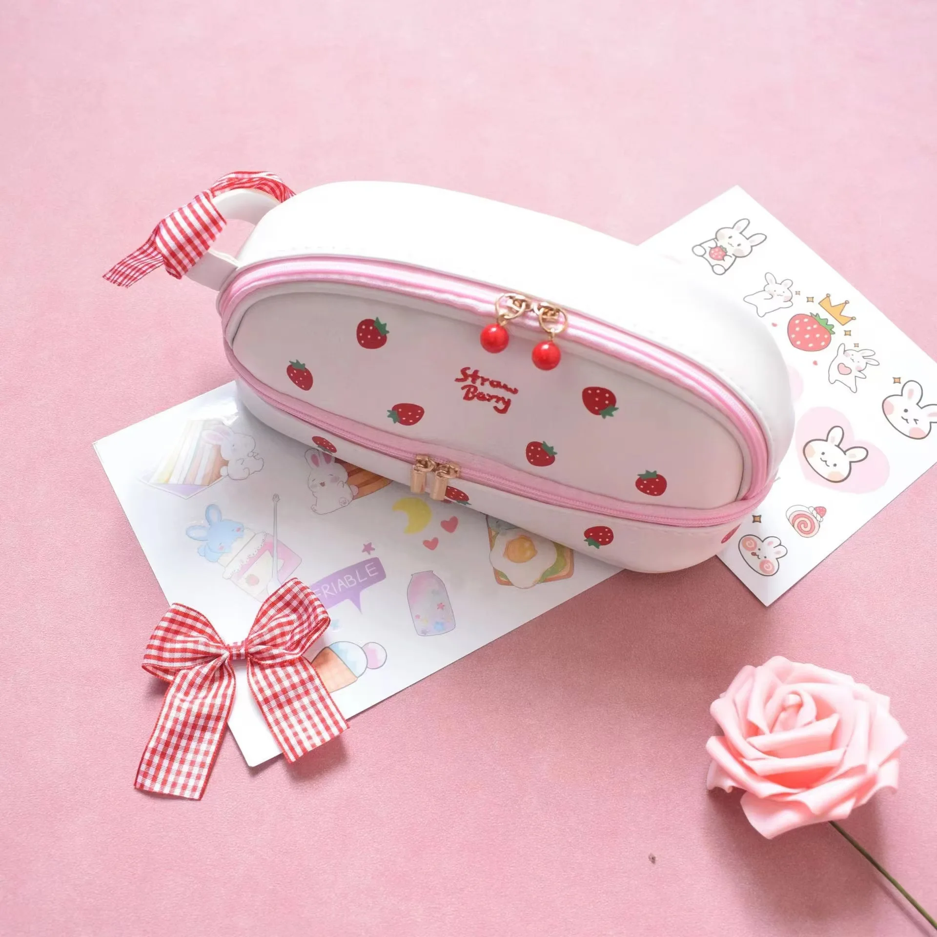1 قطعة مقلمة فتاة لطيف طبقة مزدوجة الفراولة الكرز الحب مقلمة سعة كبيرة طالب القرطاسية تخزين القلم حقيبة