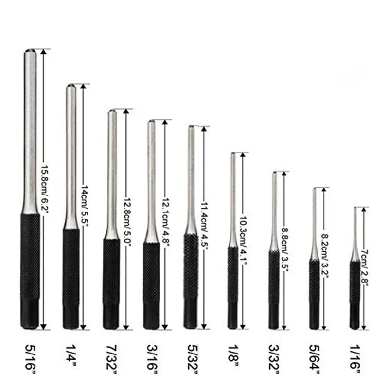 9Pcs Round Head Pins Punch Set Steel Multi Size Grip Roll Pins Punch Tool Kit Professional Hollow End Starter Punch Chisel Tools