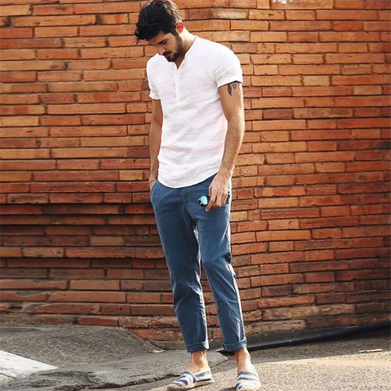 

Мужской воротник-стойка ort Sve irt, летний легкий повседневный модный молодежный свободный крой без железа