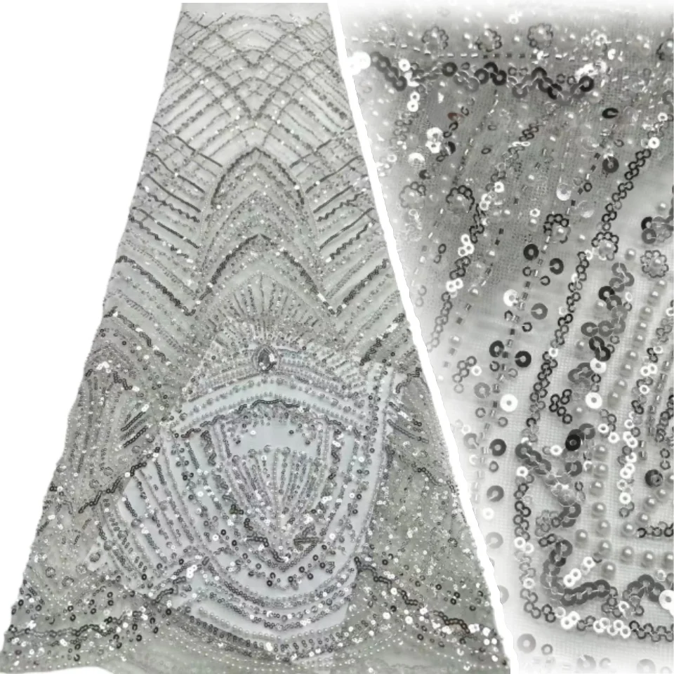 

African Lace Fabric Beaded Lace Fabric With Sequins Nigerian Bridal High Quality Embroidery Tulle Lace Fabric For Wedding SZ1684