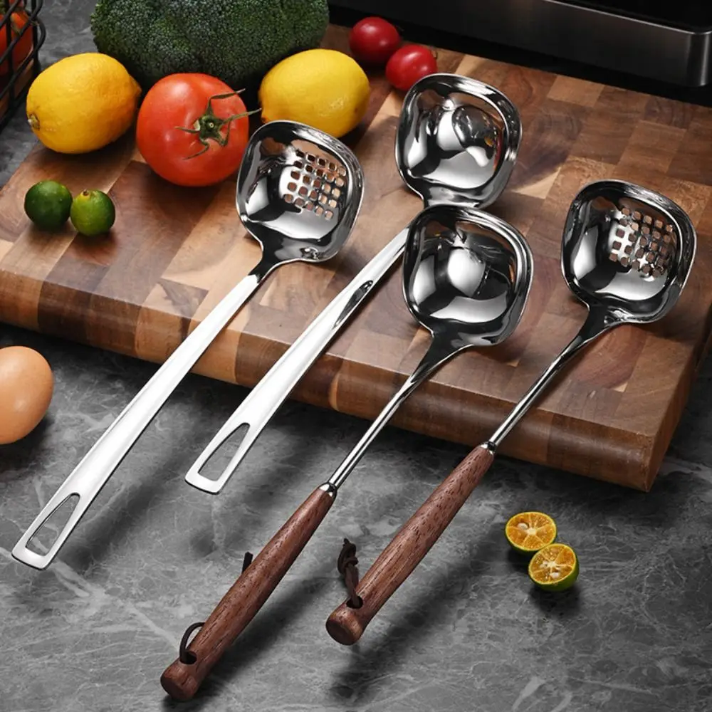 Sendok Sup Baja Tahan Karat Sendok Panci Panas Anti Selip Persegi Anti Panas Tahan Karat Pegangan Panjang Saringan Saus Panci Panas