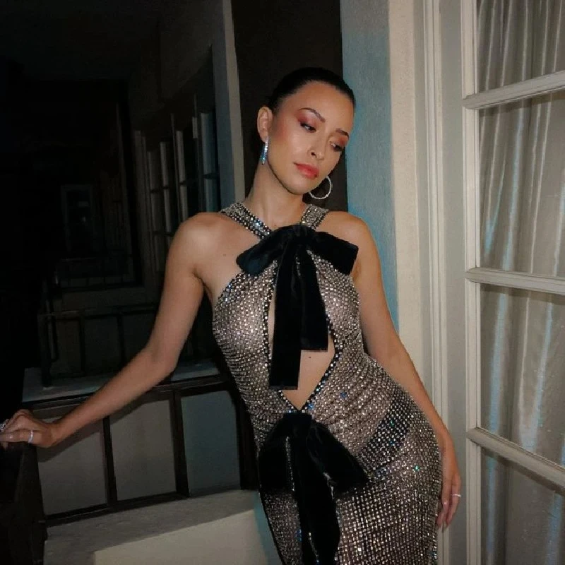 Customizd Sparkling Crystal Halter Sleeveless Open Back Mermaid Prom Gowns Beaded with Bow Front Slit Formal New Evening Dresses