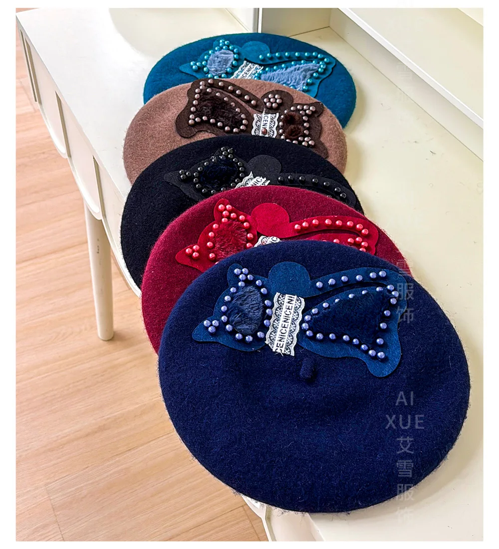 2026 الخريف والشتاء جديد قبعات المرأة القبعات السيدات موضة عادية الاتجاه الكرتون هريرة اللؤلؤ الدافئة الأدبية الرجعية الصوف برعم قبعة #3