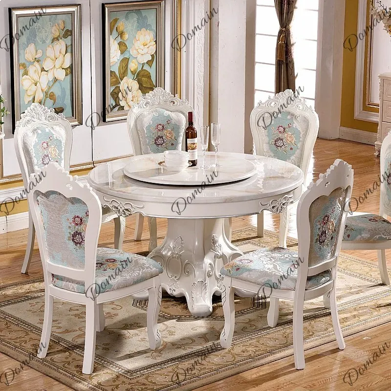 Marble Dining Table Set 1 Table 6 Chairs Round Table with Lazy Susan Solid Wood Home Furniture