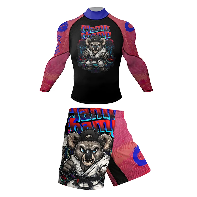 كودي لوندين عالية الرقبة طفح الحرس MMA السراويل + طماق 4/قطعة مجموعات الصالة الرياضية اللياقة البدنية ضغط ارتداء الرجال MMA Rashguard مع المطاط مكافحة