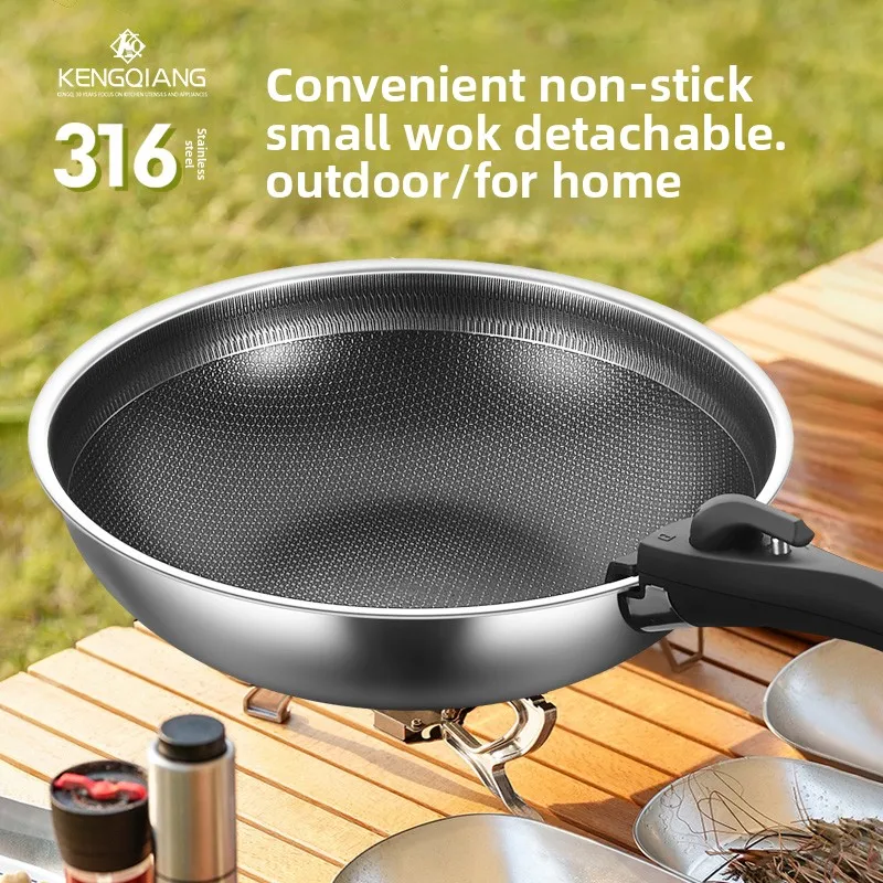 

Portable 316 Stainless Steel Wok with Detachable Handle for Camping Picnic Cooking, Outdoor Cooking Pot Set with Foldable Design