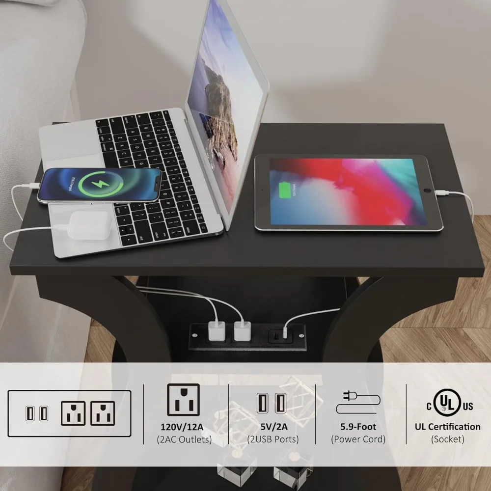 Table d'appoint de chargement à 3 niveaux avec ports et prises USB, table de chevet pour salon et chambre en noir