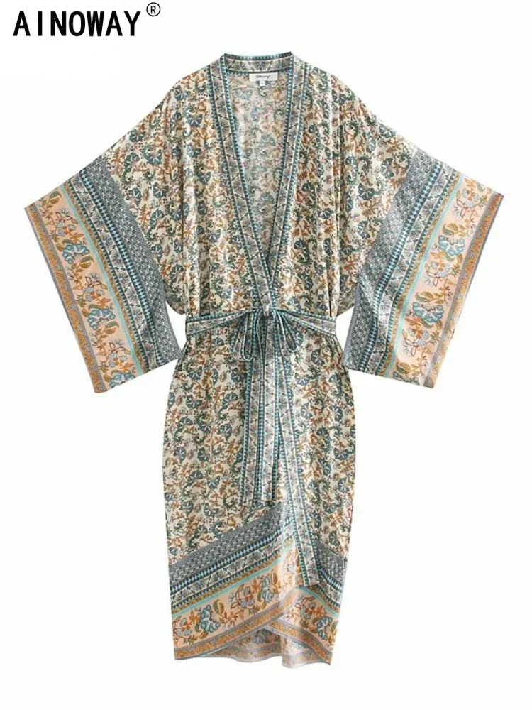 Vintage Chic Women Floral Print Batwing Sleeve Beach Bohemian Kimono Dress Ladies V Neck Summer Boho Robe Cover-ups Vestidos