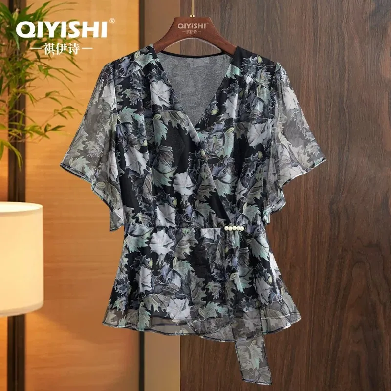 

Fashion Leaves Printing Women' Summer Chiffon Blouse Short Sleeve V-neck Lightweight Breathable Female Casual Top Shirts