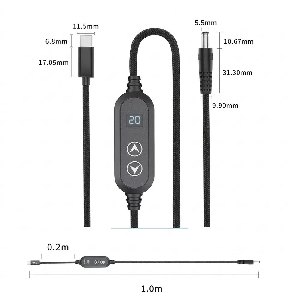 For Type-C to DC Power Adapter Cable 100W Adjustable 5-20V for Router Laptop Power Supply 5.5x2.5mm 120cm Black