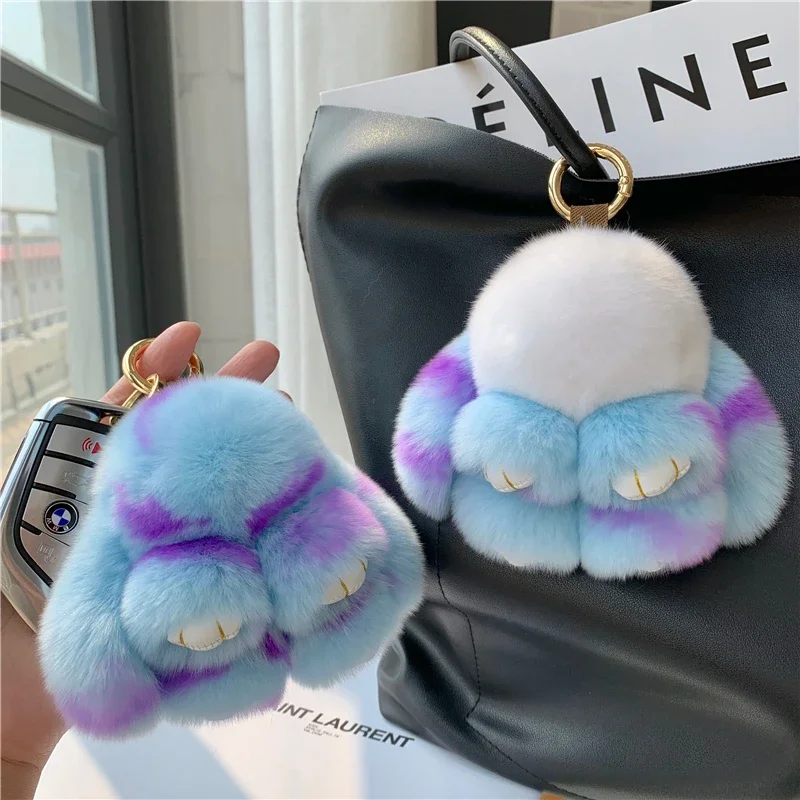 Plush Toy Bunny Real Natural Rex Rabbit Fur Keychain Women Bag Charm Ornaments Schoolbag Pendant Car Keyring Trinkets Kids Gift