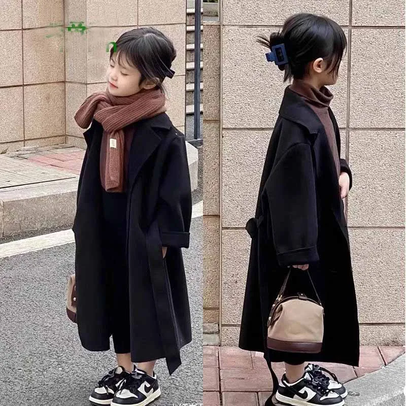 Girls Woolen Coats Autumn Winter Thick Warm Trench Jackets 4-12 Years Kids Clothes Fashion Turndown Collar Parka Outerwear