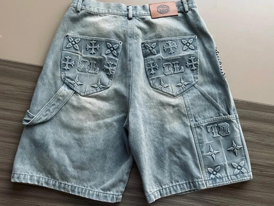 American New Fashion decorazione geometrica pantaloncini di jeans larghi uomo Y2K Street Retro Hip Hop popolare gotico Casual pantaloncini a gamba larga