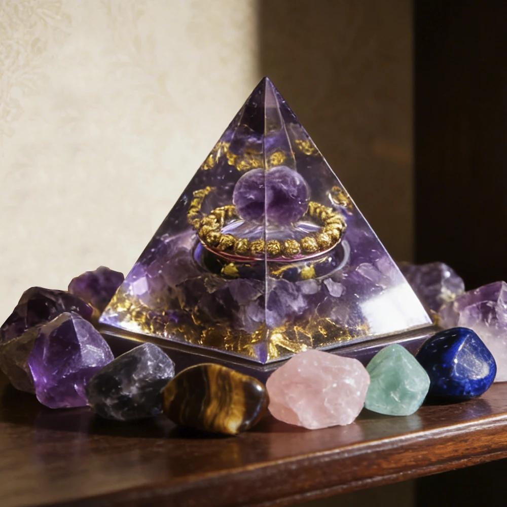 

Amethyst Pyramid with 7 Raw Stones Orgone Pyramid for Positive Energy Crystal Pyramids for Chakra Reiki Healing Meditation
