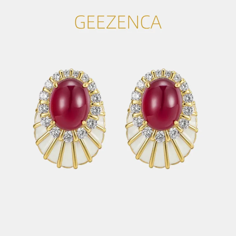

GEEZENCA 925 Silver White Enamel Red Corundom Cubic Zirconia Stud Earrings Women Gold Plated Fashion Dainty Chunky Earring Gift