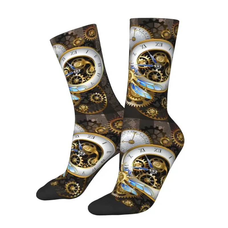 Kaus kaki pria Steampunk, kaus kaki Crew dengan Dragonfly, kaus kaki modis 3D motif geometris bergaris untuk pria