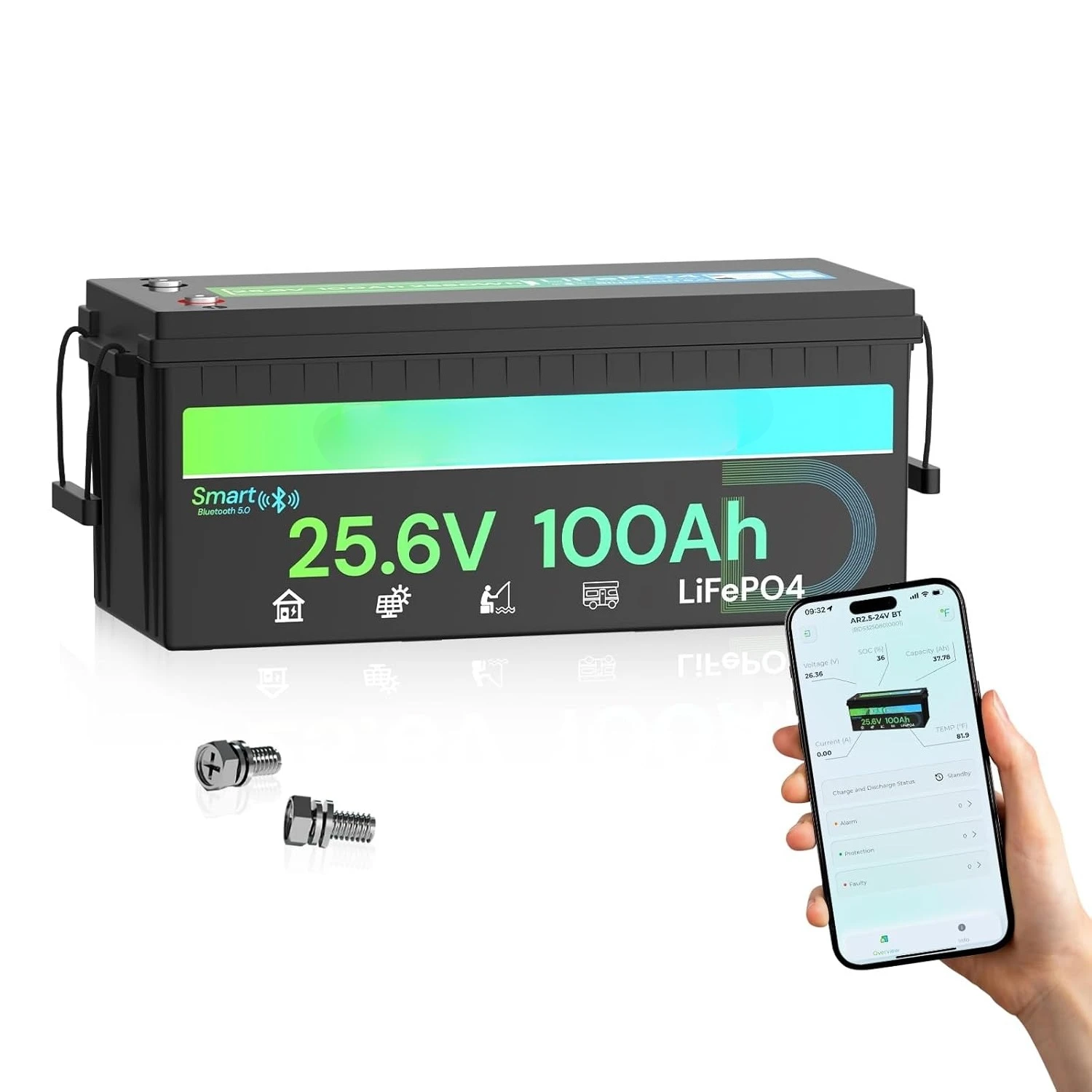 

24V 100Ah LiFePO4 Lithium Battery with Bluetooth, Deep Cycle Rechargeable Battery with Low-Temp Protection, 2560W, Customized