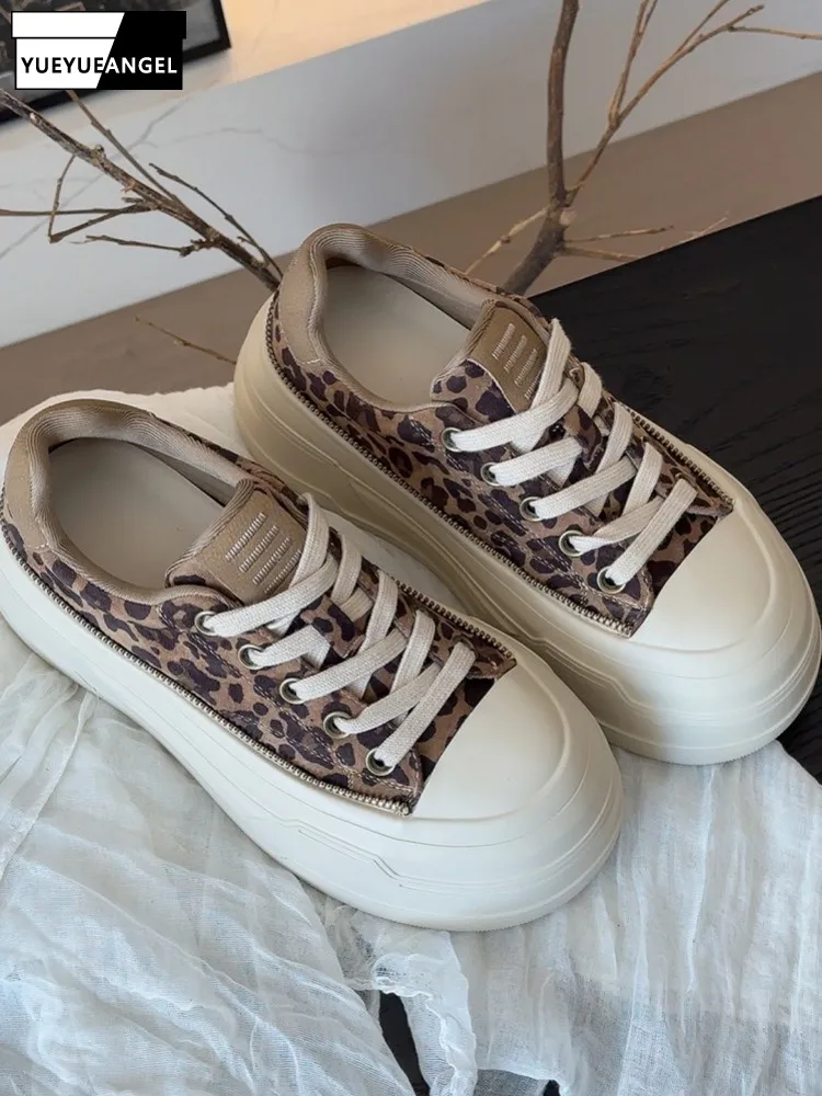 Vintage Women Thick Platform Height Increasing Pumps Shoes Autumn Lace Up Low Cut Casual Shoes Round Toe Leopard Printed Shoes