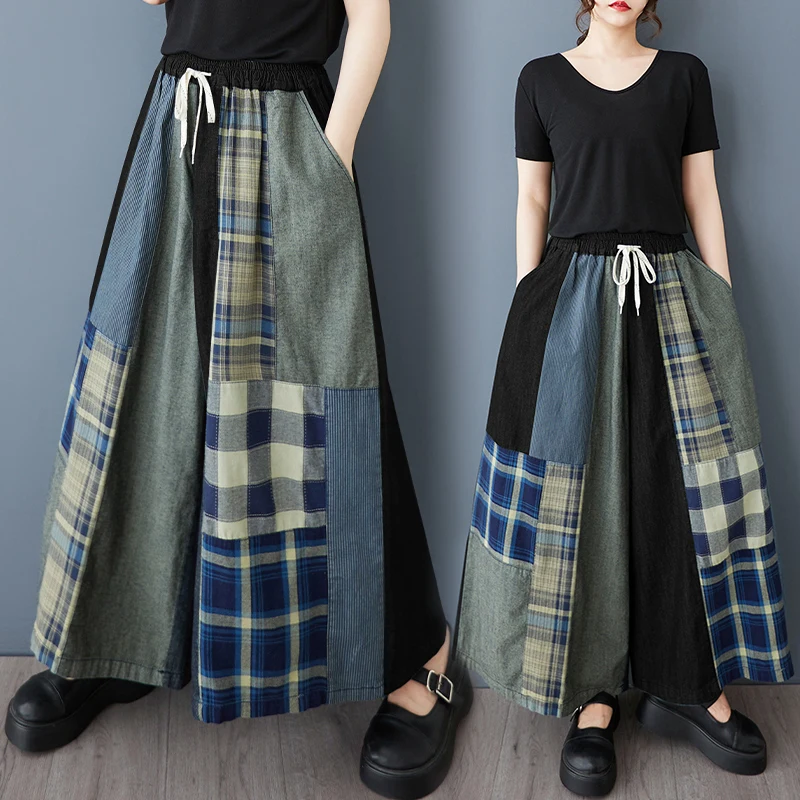 

Women Japanese Harajuku Style Plaid Jeans Spring Summer New Loose Casual Versatile Fashion Niche Design Wide Leg Pants