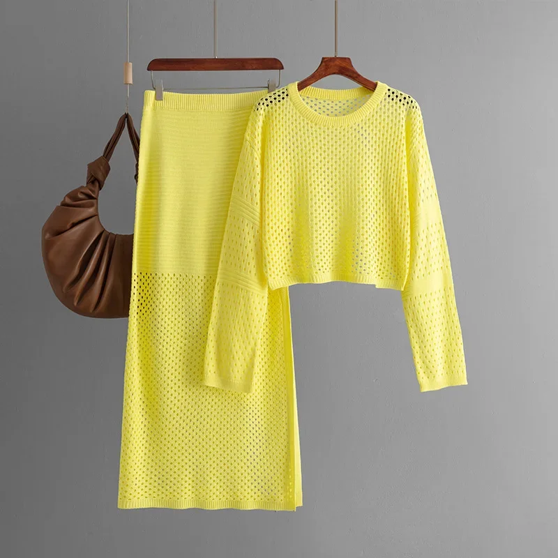 Women Hollow-out Beach Skirt Suit  2024 New Summer Knitwear T-shirt Tops with Long Skirt Fashion Women Two-piece Sets Holiday