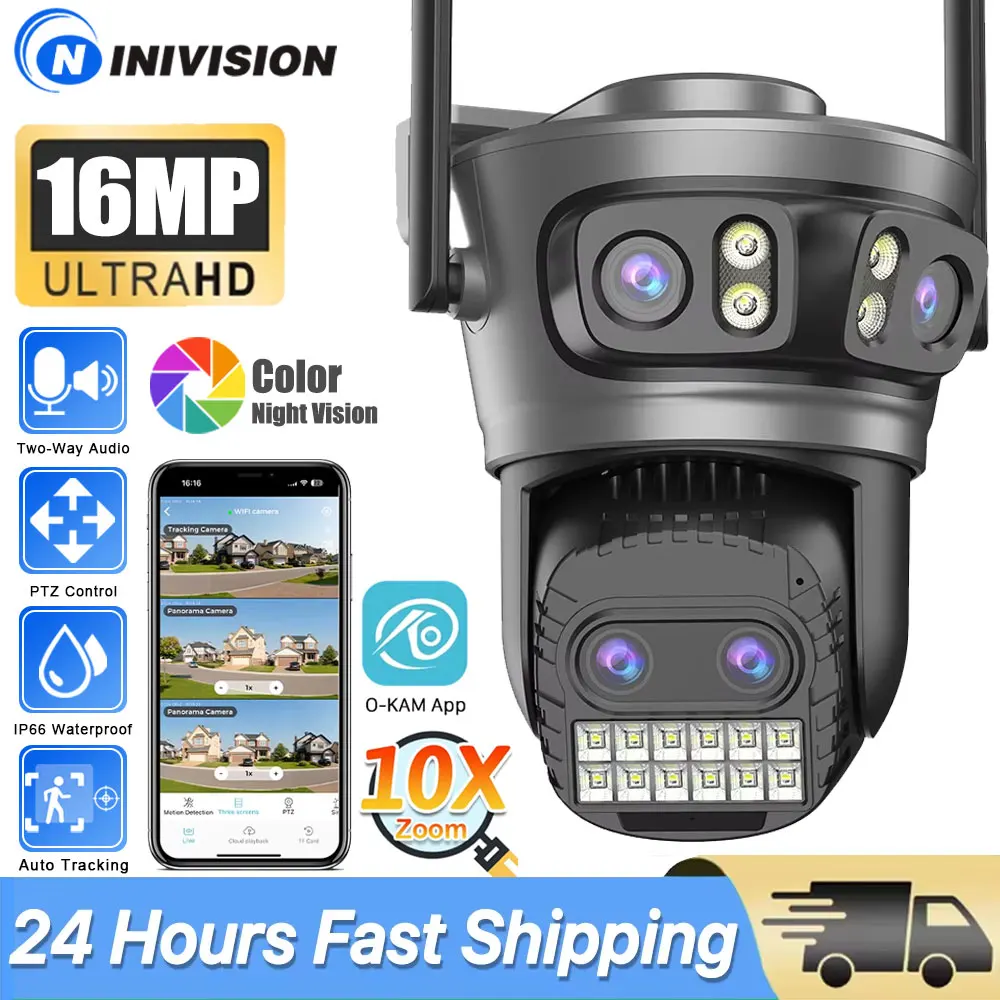 

8K 16MP 10x Digital Zoom Four Lens Three Screen WIFI Camera Outdoor Night Vision PTZ Cam Auto Tracking Video Surveillance CCTV