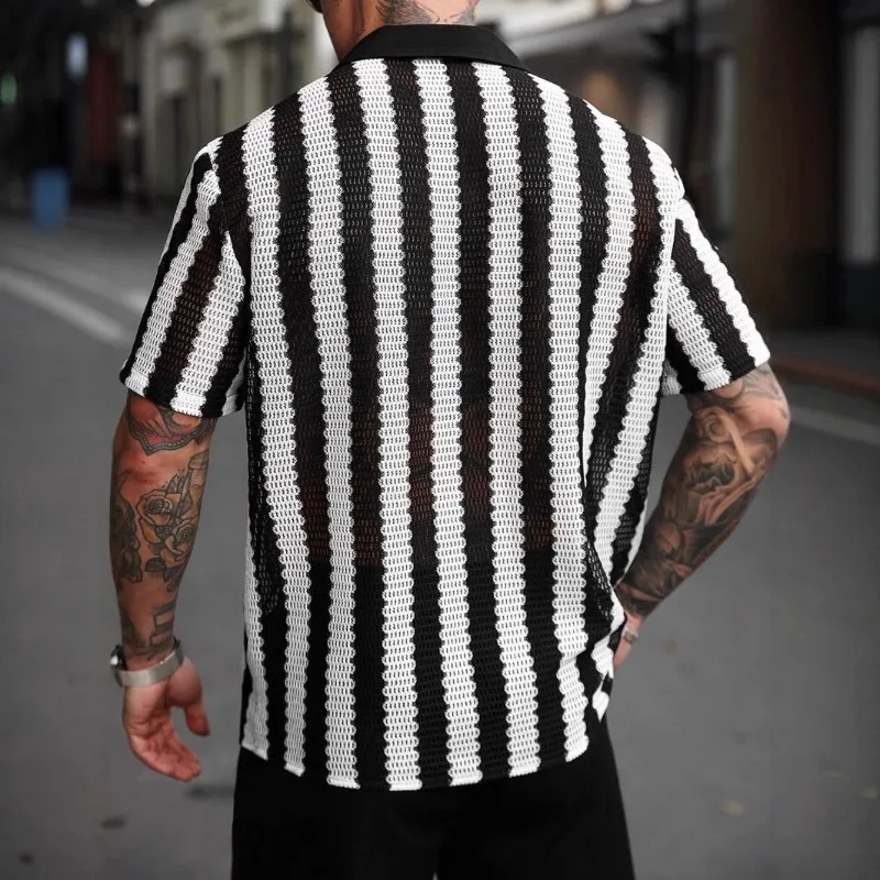 

Casual Wear Fashionable Individual Men's Clothing Cross-border Best-selling Men's Black White Striped Cutout Short-sleeved Shirt