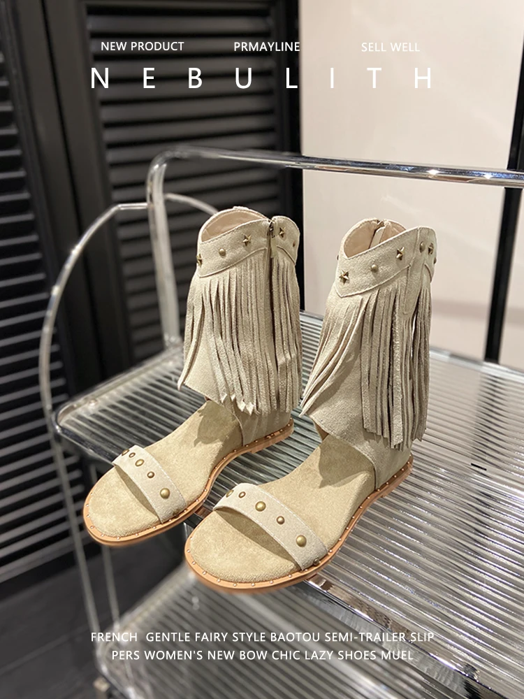 

Женские короткие сапоги с бахромой, увеличивающие рост, новинка лета 202, крутые римские сапоги Spice Girl наклонном каблуке с открытым носком