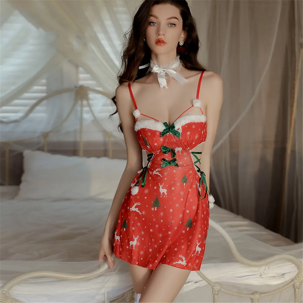 

Womens Slip Sleep Dress Christmas Print Thin Spaghetti Straps Nightgowns Women Homewear Intimate Lingerie Sleepwear