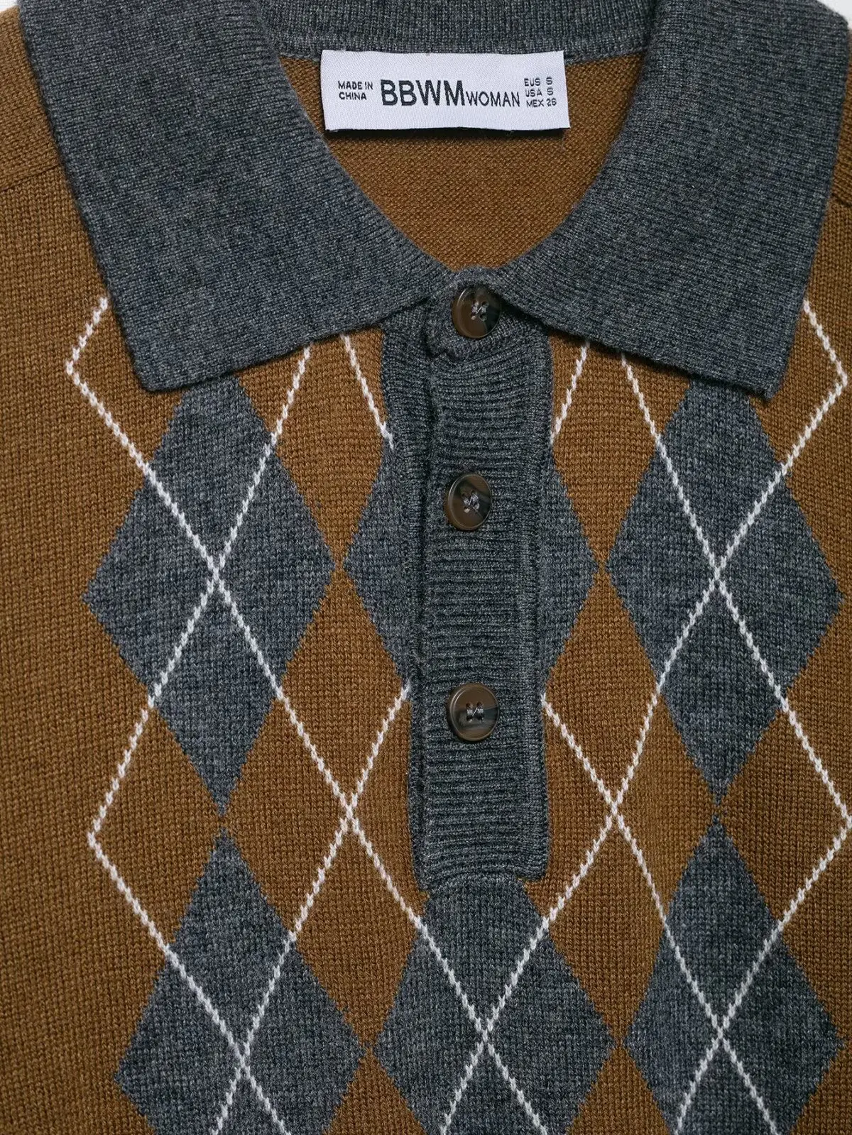 Fall 2025 Fashion Women's Clothing Diamond-Pattern Knit Polo Sweatshirt Women's Casual Crewneck Sweatshirt Full-Sleeve Loose Fit