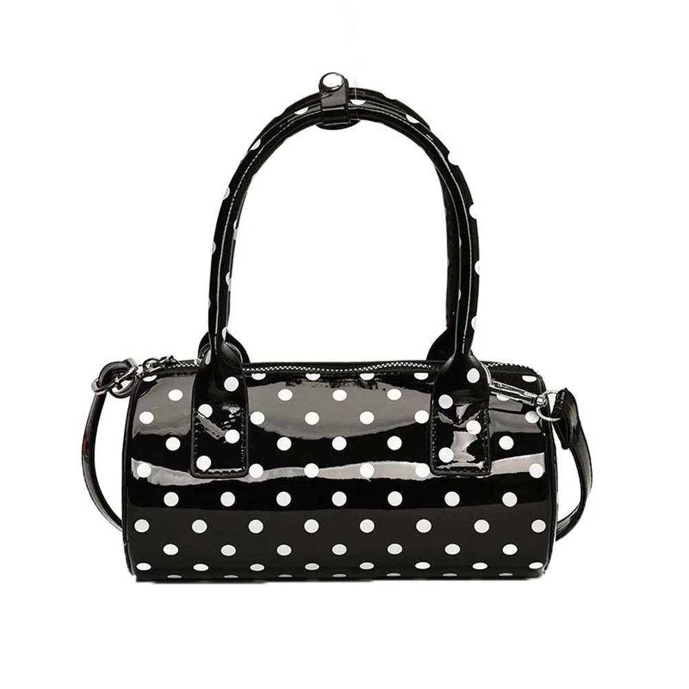 

Полиэстеровая цилиндрическая сумка в горошек, водоотталкивающая, в корейском стиле, для модных девушек, контрастная черная сумка через плечо из искусственной кожи