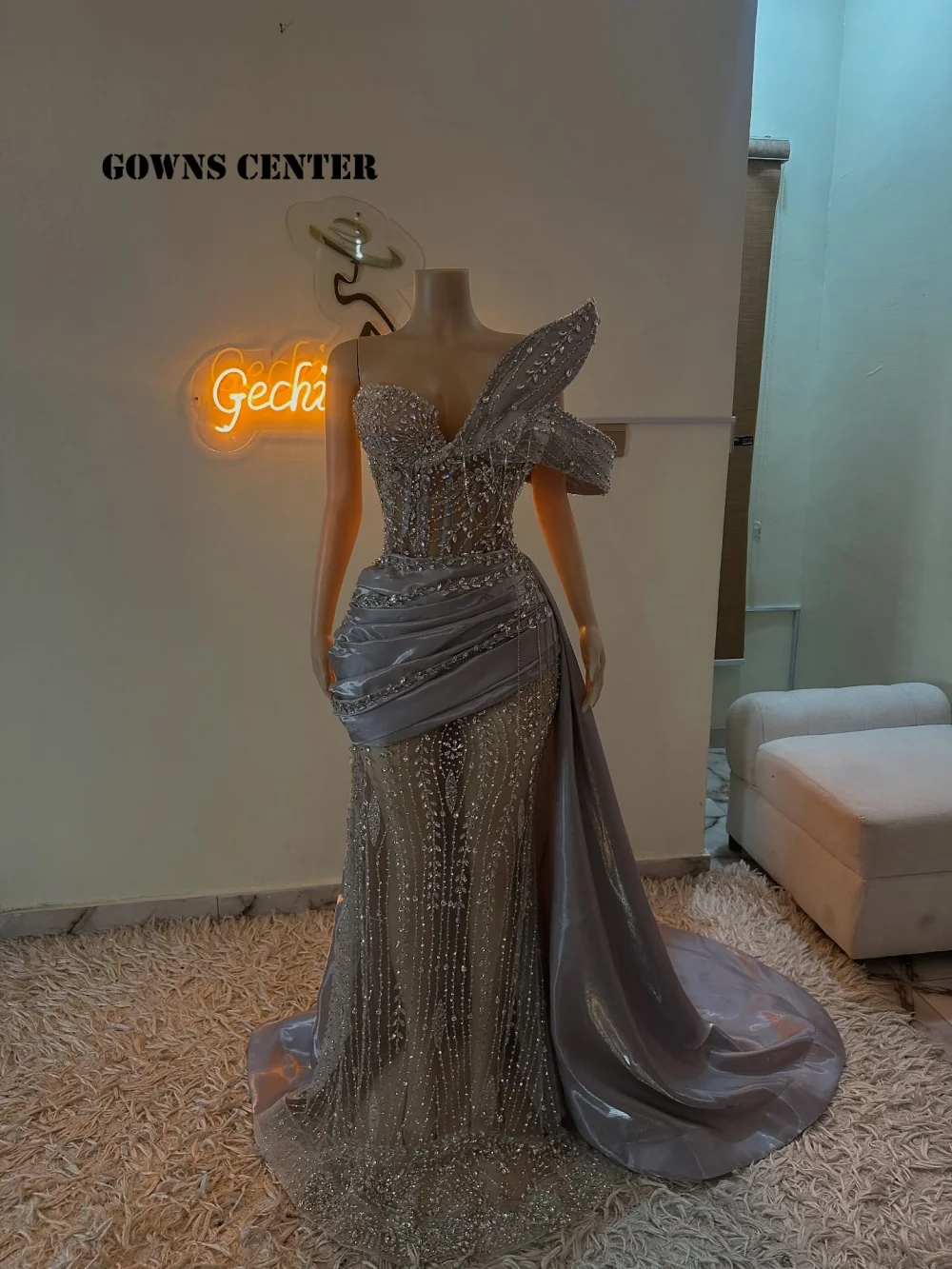 

Glamorous Silver Sequined Lace Aso Ebi Evening Dresses Strapless Beaded Crystal Mermaid Party Dress For Women 2024 Customized