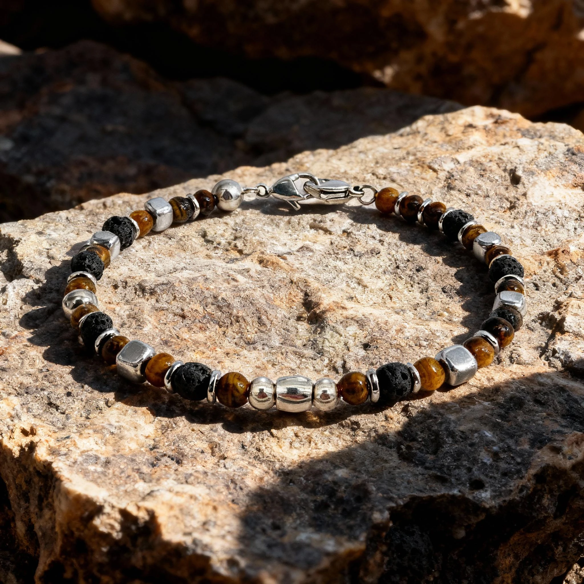 Men\'s Runda Natural Stone Bracelet Tiger Eye 4mm Charm Bead Stainless Steel Adjustable Handmade Good Luck