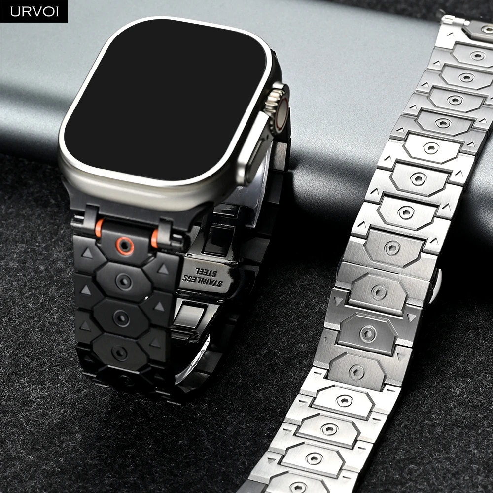 URVOI Armband für Apple Watch Ultra 3 2 Serie 11 10 9 8 7 SE Titans Eyes Edelstahlarmband für iWatch mit Schmetterlingsverschluss 49 mm