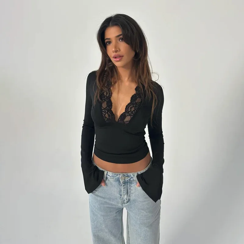 

Sexy Lace Trim DeepVLong Sleeve Collared Base Shirt for Women2025European and American Style Autumn Versatile Top