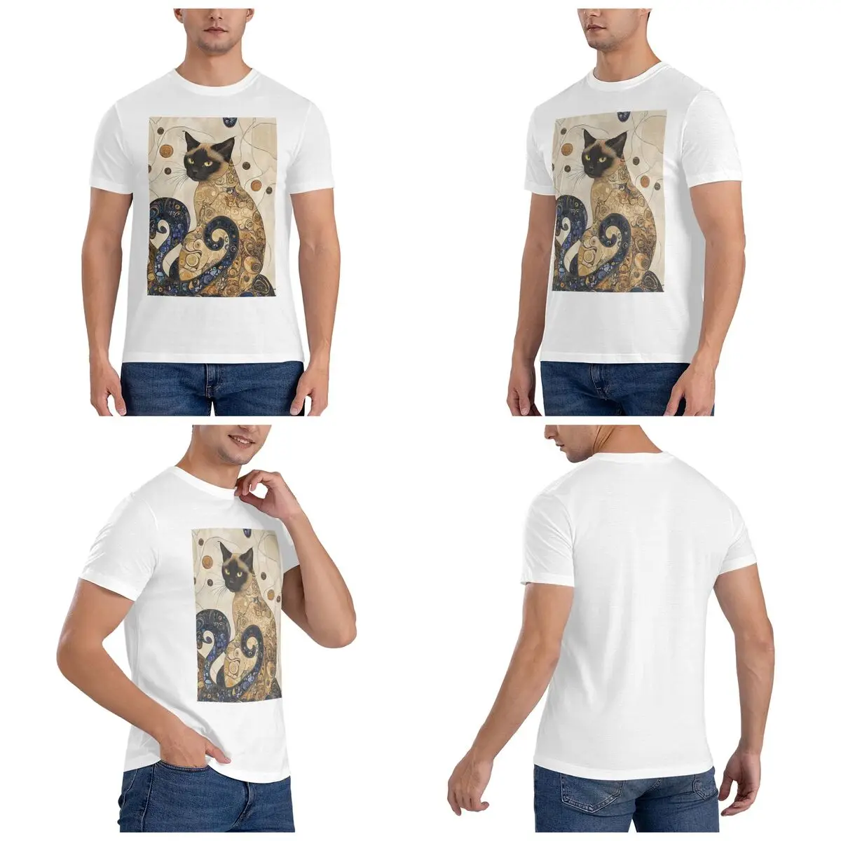 Whimsical Klimt Balinese Cat Portrait Men T-Shirt Fashion Oversized T Shirts Men's Crew Neck Cotton Tees Short Summer Male