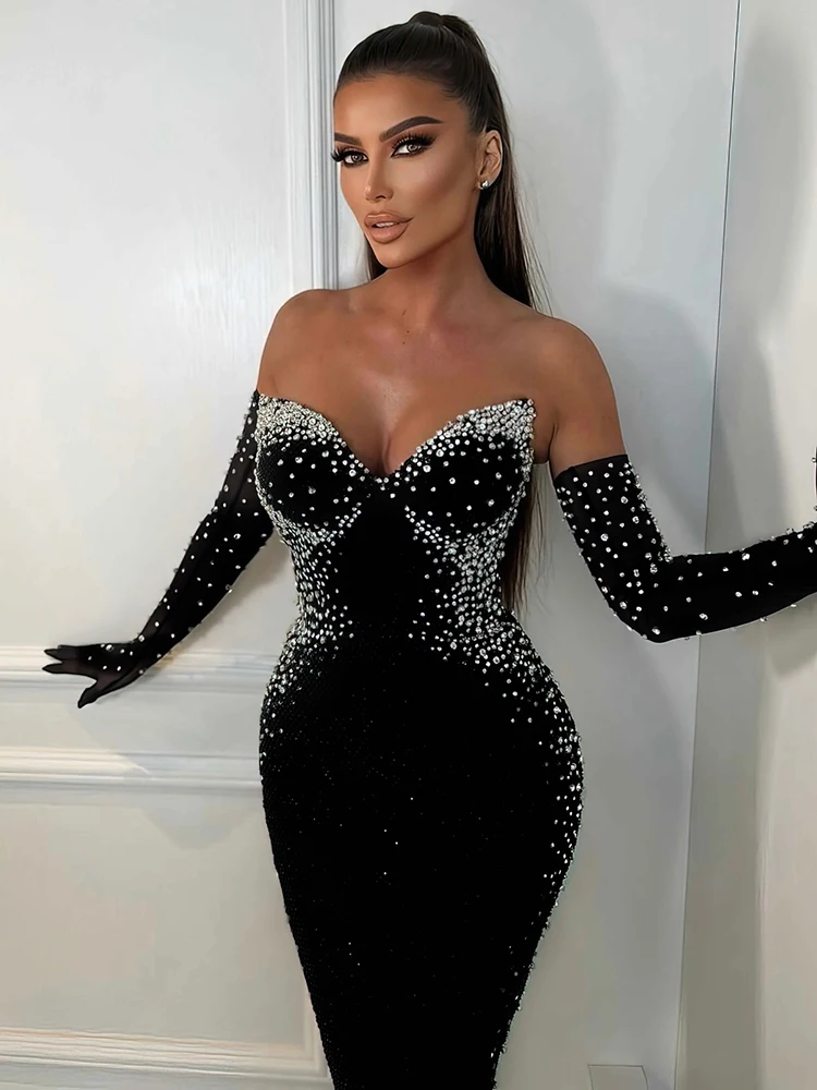 Black Velvet Long Dress Strapless Backless  Maxi Prom Cocktail  Pearls Embellished Party Evening Gown with Gloves Vestidos