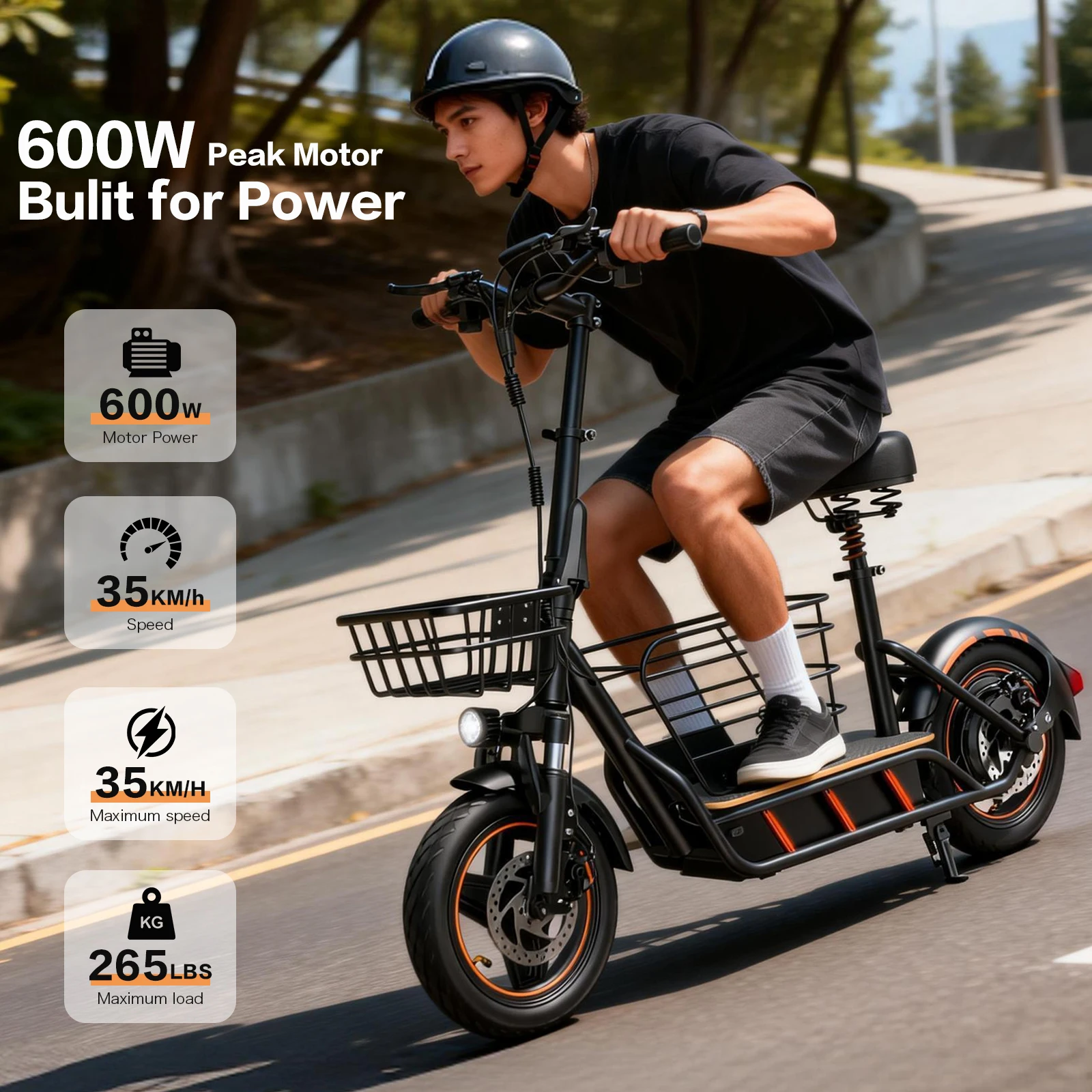 Foldable Electric Scooter with Seat Basket 600W Peak Brushless Motor 35KM/H Max Speed 35KM Range 36V 10Ah Battery Adult Commute E-Scooter with Smart LED Display & Front Suspension 14 inch Pneumatic Tire Max Load 120kg
