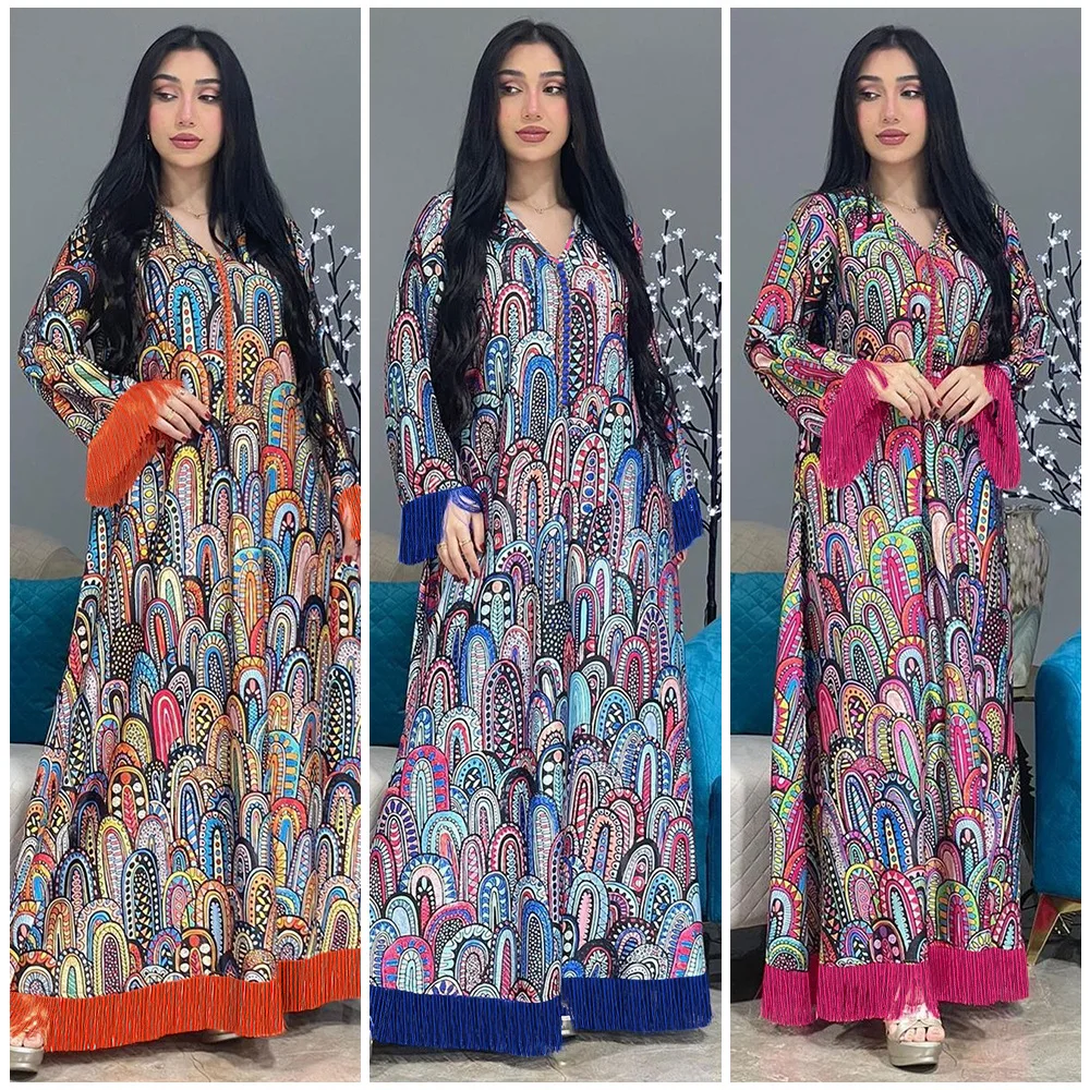 

Muslim Dubai Women Print Maxi Dress Tassel Abaya Eid Ramadan Caftan Femme Musulman Gulf Jalabiya Marocain Kaftan Robe Islam Gown