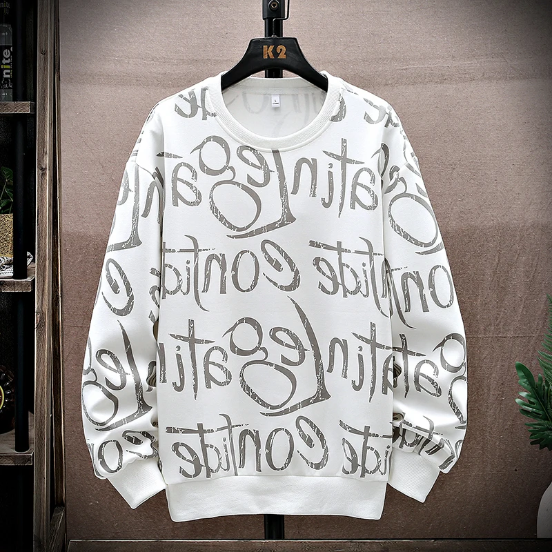 

Мужской весенне-осенний повседневный и модный мужской модный черный пуловер с круглым вырезом большого размера, свободный свитшот