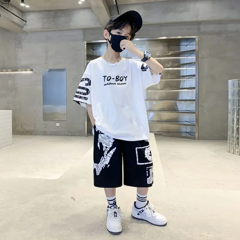 Boys Summer Trendy Casual Sports 2pcs T-shirts+Pants Suits 3-14 Years Teenage Boys Hip Hop Style Fashion Outfits Clothes Sets