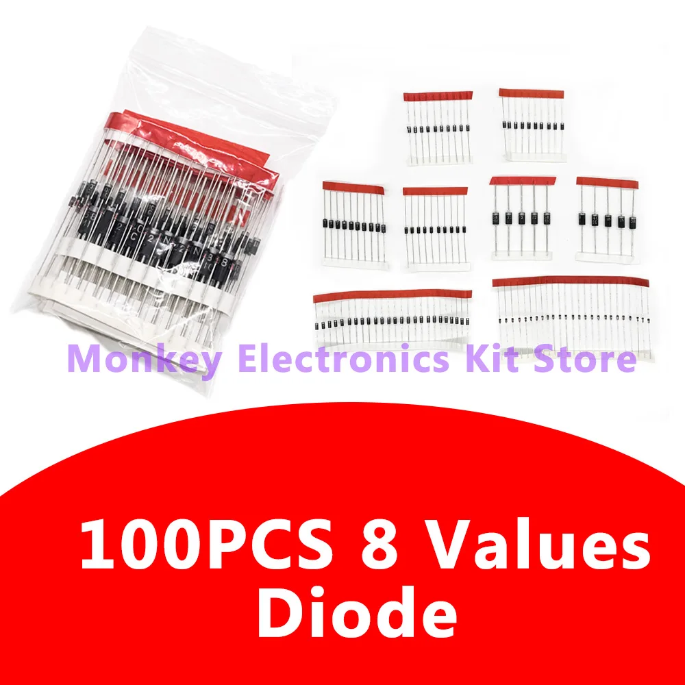 8 Values100PCS  Diode Electronic Component Kit Fast Switching Schottky set 1N4148 1N4007 1N5819 1N5399 1N5408 1N5822 FR107 FR207