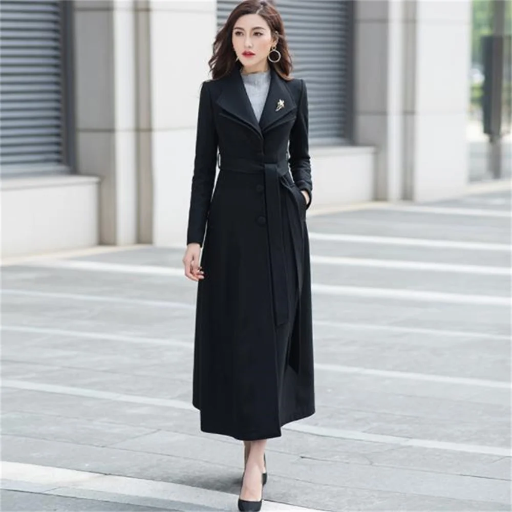 

New over-the-knee woolen coat women's long coat waist slimming autumn and winter long woolen coat