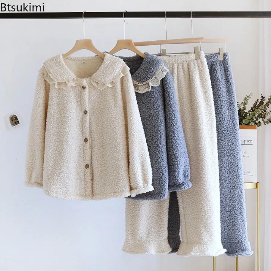 2025 Women's Autumn Winter Warm High-end Coral Fleece Pajamas Sets Long Sleeve Loose-fit Thickened Warm Set Two Piece Set Female