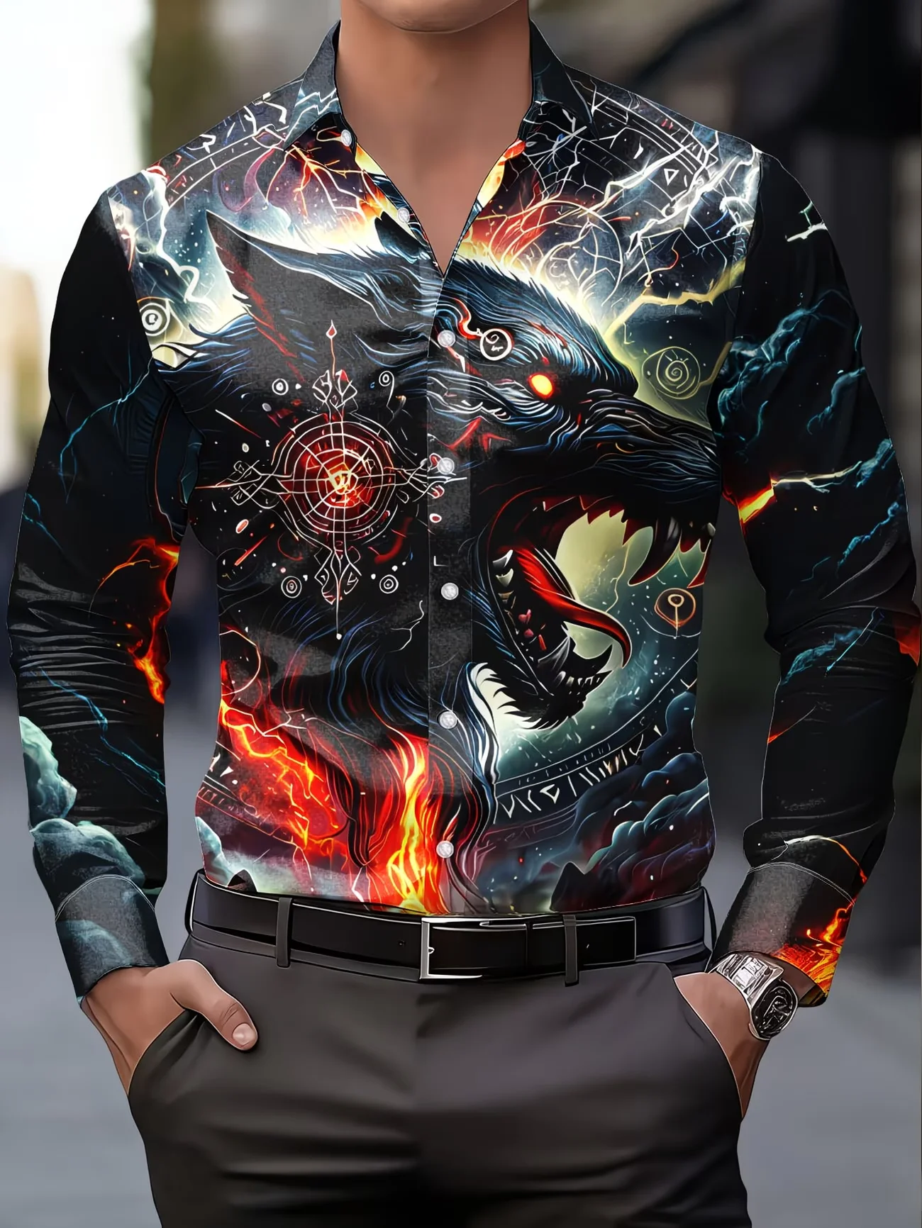 

New black and red geometric diamond grid printed men's long sleeved shirt with a lapel and light luxury business shirt