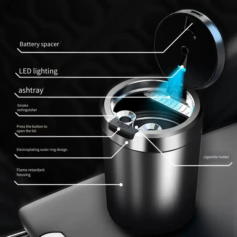 منفضة سجائر LED محمولة عالمية للسيارة، منفضة سجائر للسجائر، كوب، صندوق حامل أوتوماتيكي بدون دخاني