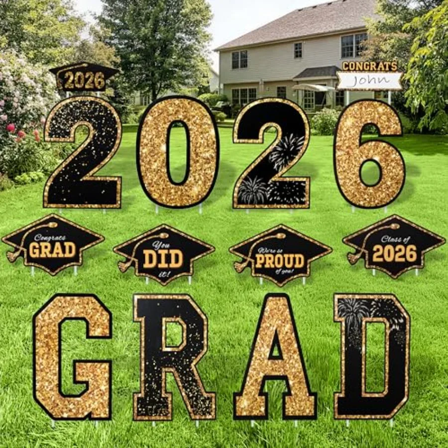 

14 Pcs Graduation Yard Signs Class of 2026, Black and Gold Congrats Grad Lawn Stakes with 28 Stakes for 2026 Graduation Party D