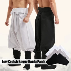 Mens Drop Low Crotch Baggy Hanfu Pants Belted Punk Gothic Harem Trousers Loose Chinese Traditional Ming Dynasty Trousers