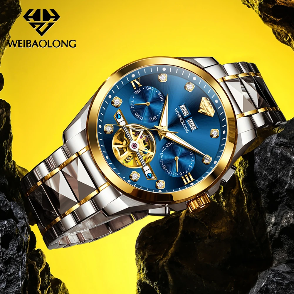 WEIBAOLONG 3801 Men's Automatic Mechanical Watch Skeleton Hollow Multifunctional Dial Real Diamond Men's Watch